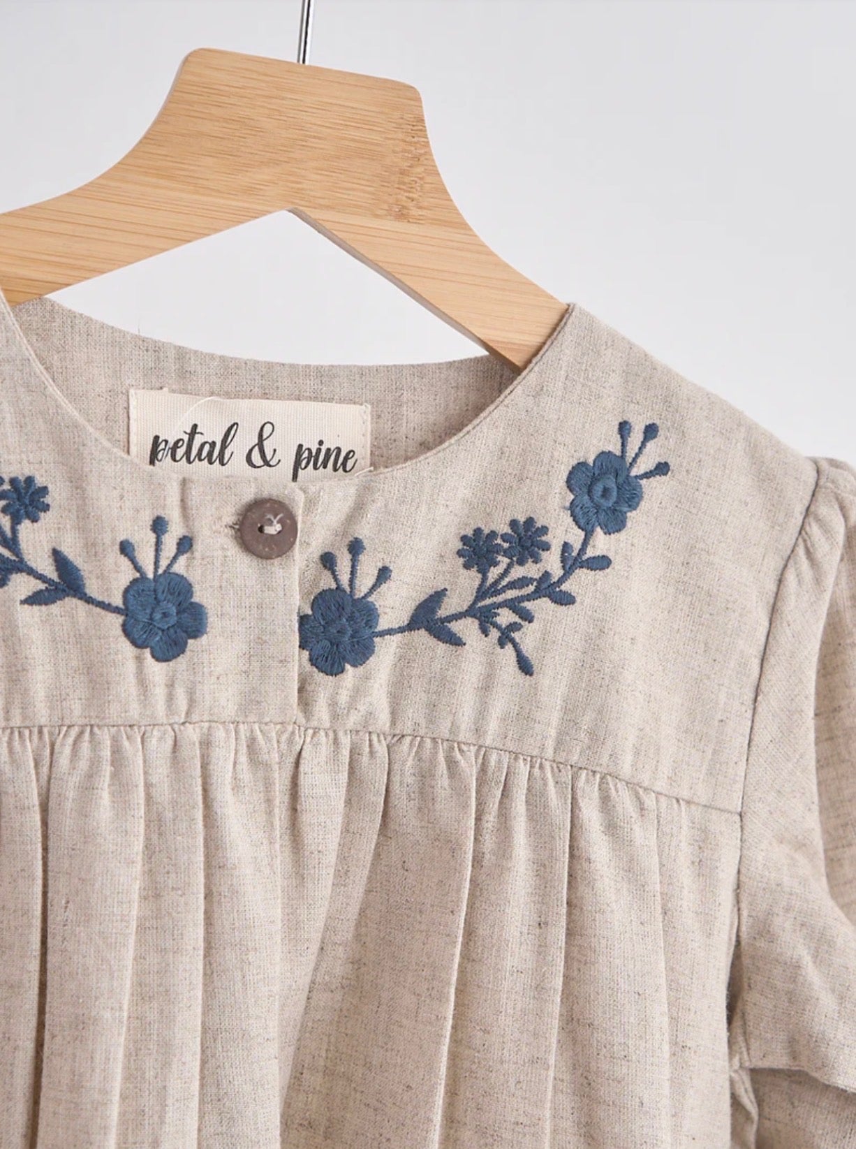 Khaki and Navy Floral Embroidered Linen Dress