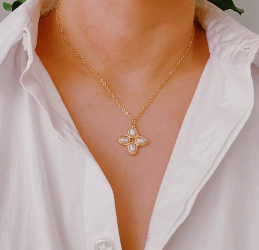 Gold Pearl Cross Necklace