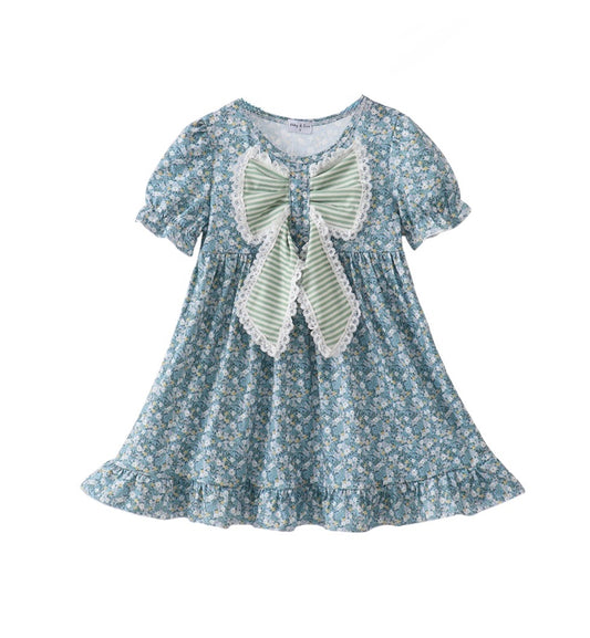 Teal Floral Lace Bow Dress