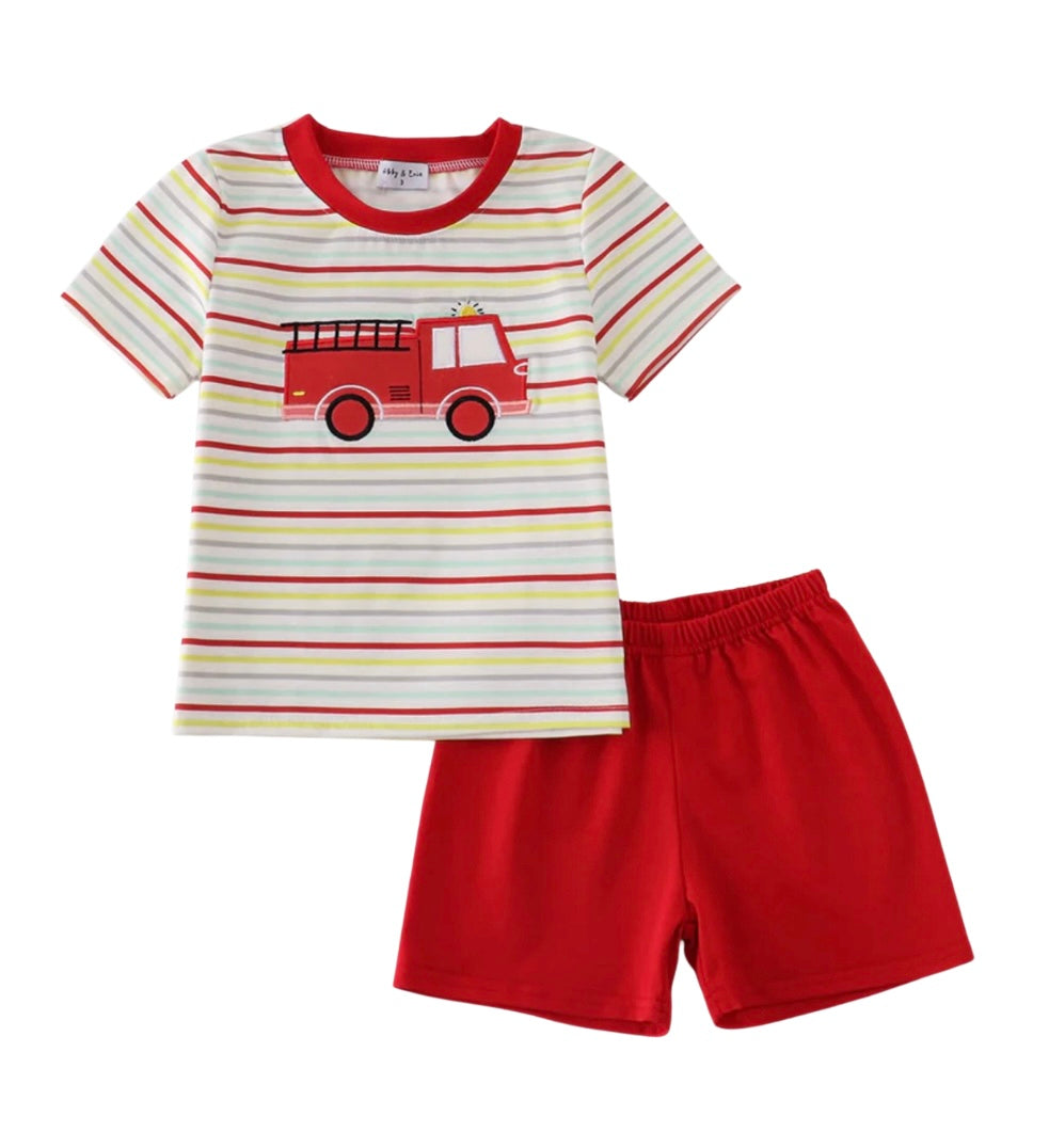 Striped Firetruck Appliqué Shorts Set