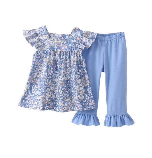 Blue Floral Ruffle Pant Set