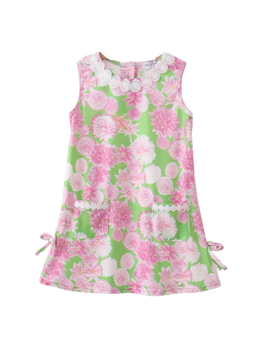 Green & Pink Floral Pocket Shift Dress