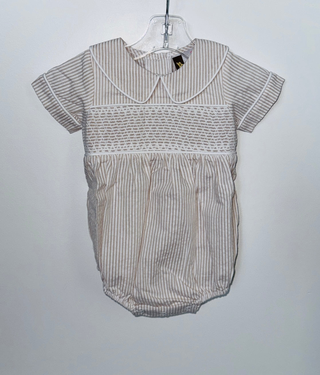 Khaki + White Seersucker Smocked Bubble