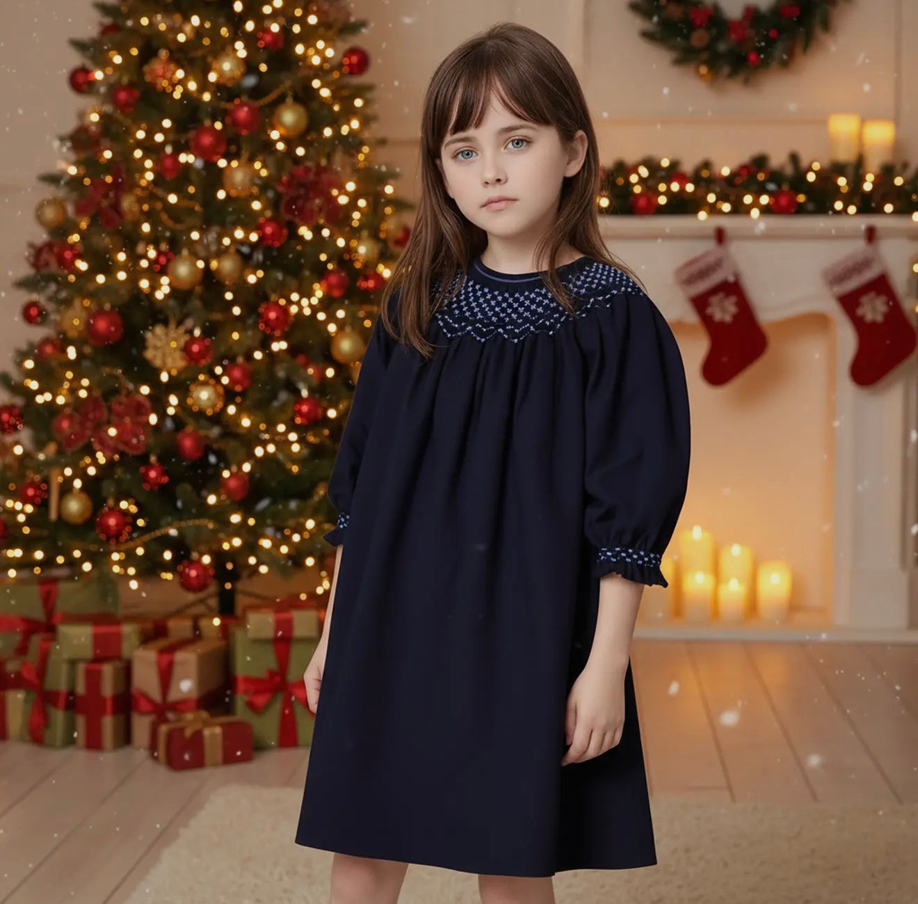 Corduroy Pearl Smocked Bishop Dress - Navy