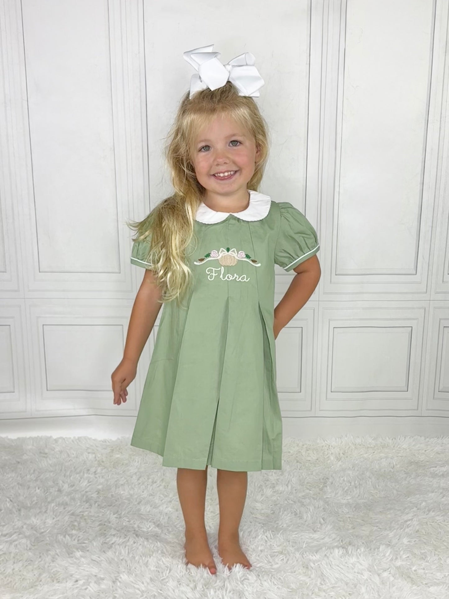 Pleated Peter Pan Collar Sage Dress– Girls' Boutique Dress