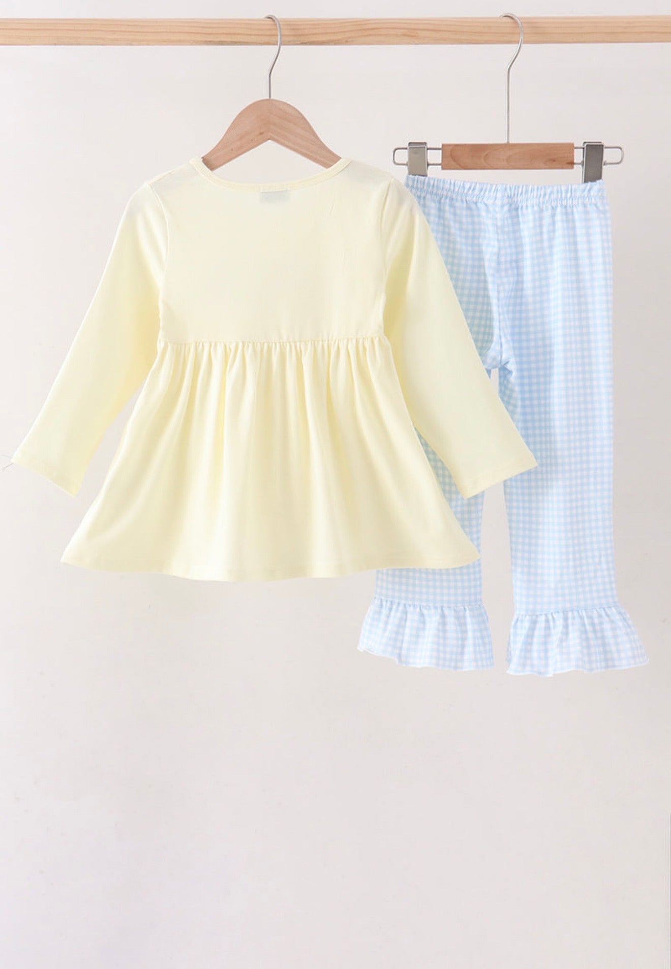 Girls Blue & Yellow Goose Ruffle Pant Set