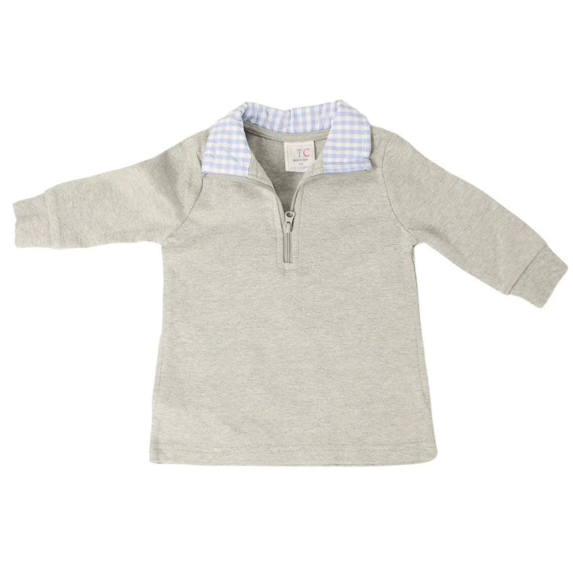 Kids Pullover Top in Heather Gray with Light Blue Gingham Collar