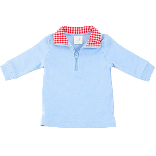 Girls Pullover Top in Baby Blue with Watermelon Pink Gingham Collar