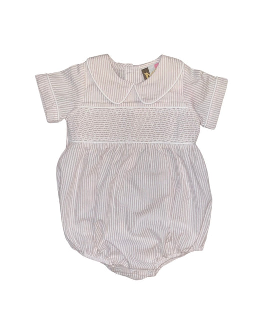 Khaki + White Seersucker Smocked Bubble