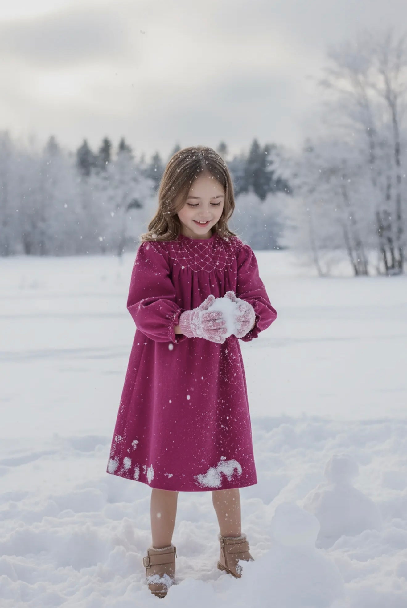 Corduroy Pearl Smocked Bishop Dress - Berry