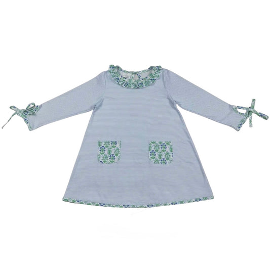 Light Blue + Green Floral Trim Pocket Dress