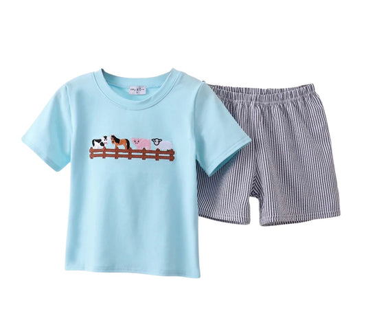 Embroidered Farm Animal Shorts Set