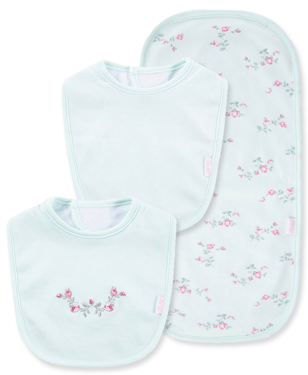 Embroidered Floral Mint Bib & Burp Cloth Set