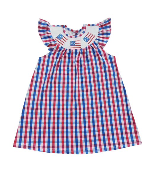 Gingham Flag Flutter Sleeve Dress