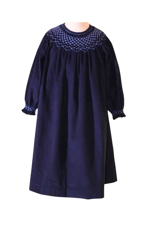 Corduroy Pearl Smocked Bishop Dress - Navy