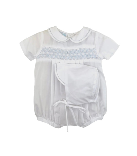 Blue + White Smocked Romper with Bonnet
