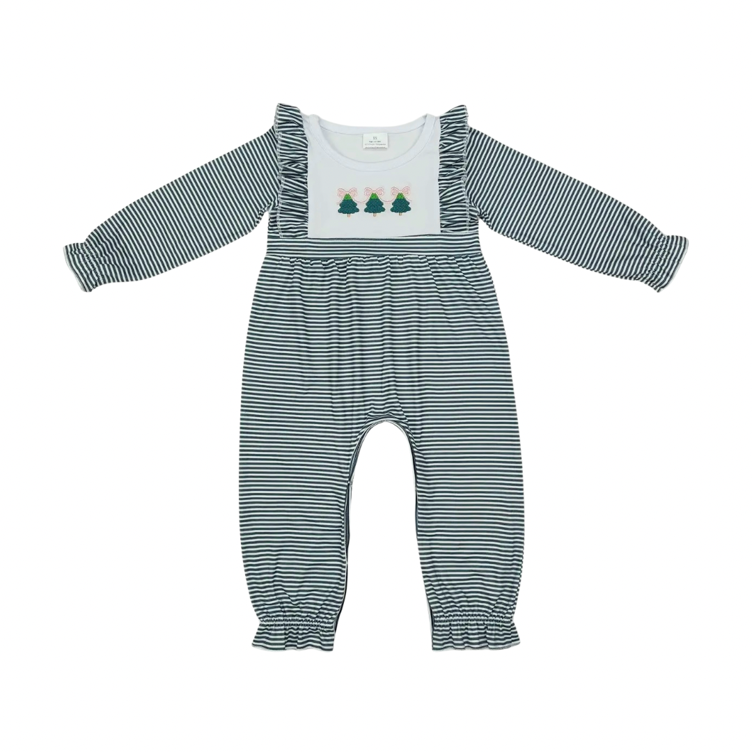 Dark Green Stripe Embroidered Tree Romper