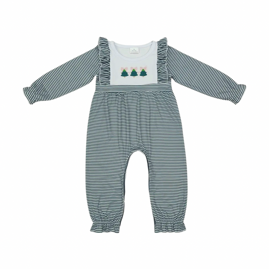 Dark Green Stripe Embroidered Tree Romper