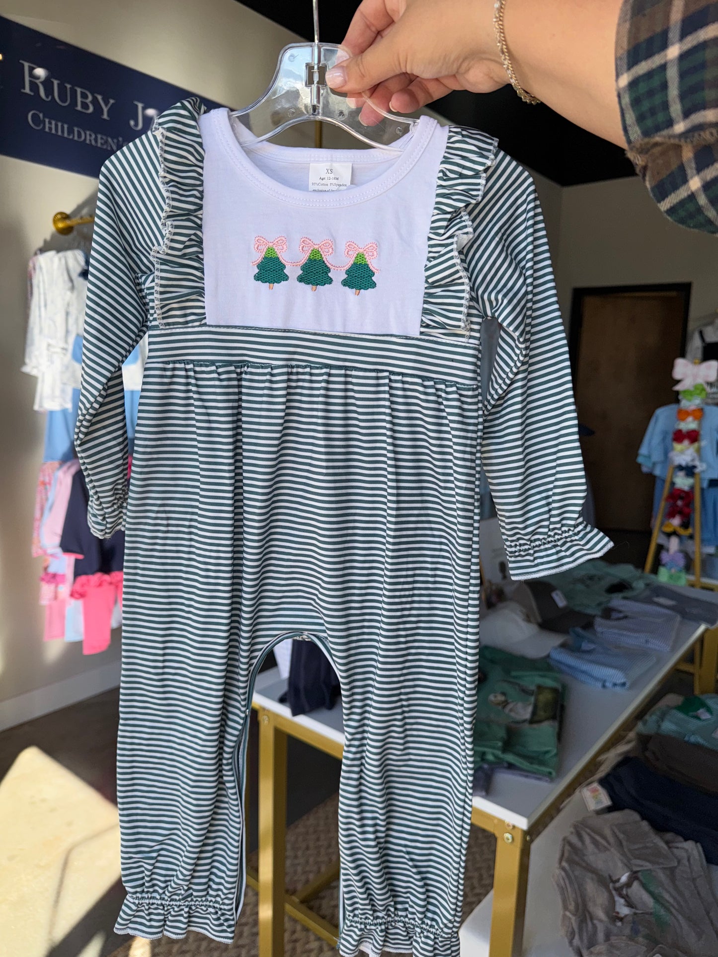Dark Green Stripe Embroidered Tree Romper