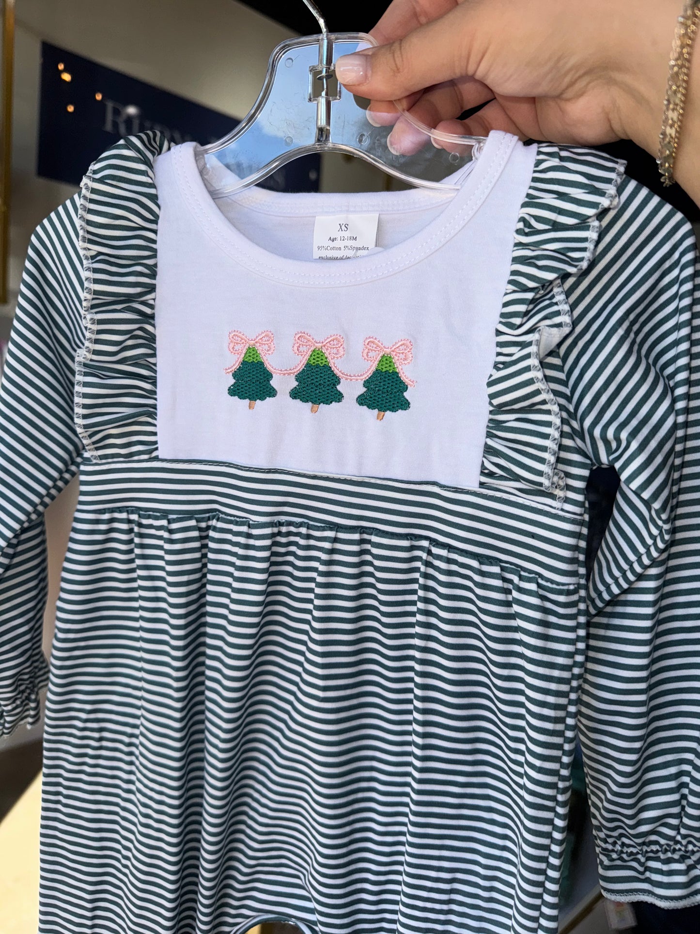 Dark Green Stripe Embroidered Tree Romper