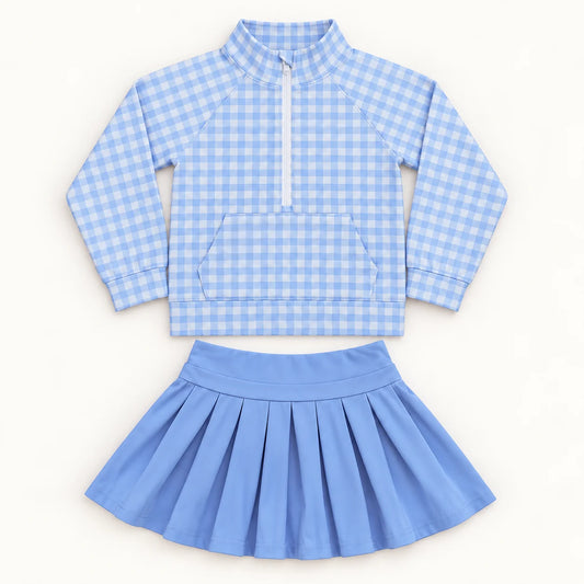 Girls' Clara Blue Gingham Quarter-Zip & Skort Set