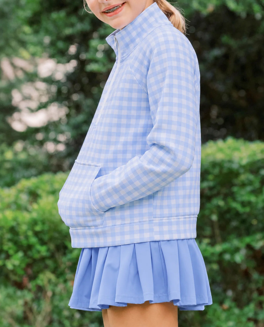 Girls' Clara Blue Gingham Quarter-Zip & Skort Set