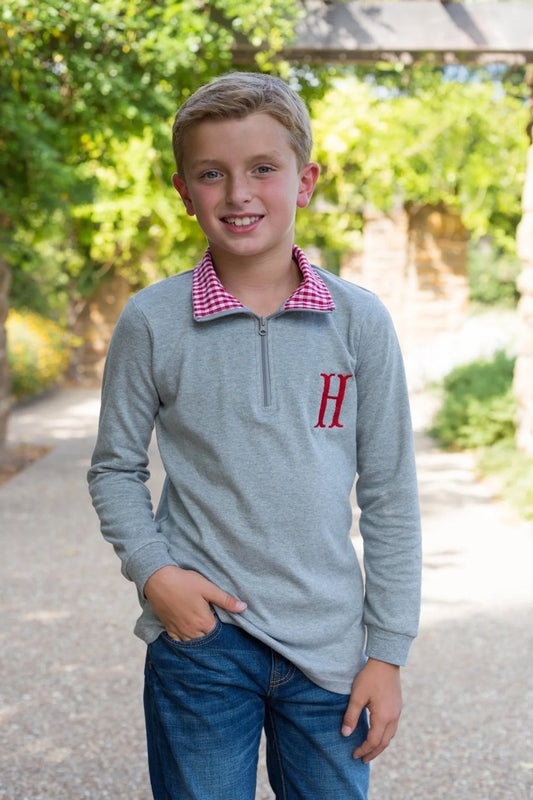 Kids Pullover Top in Heather Gray with Red Gingham Collar