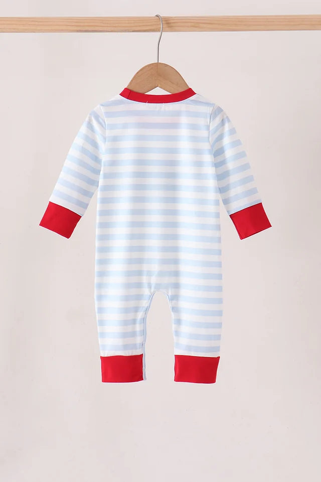 Boys Blue Stripe Firetruck Applique Romper