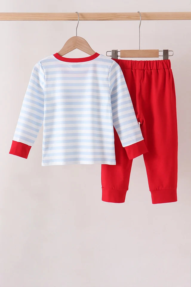 Boys Blue Stripe Firetruck Applique Pants Set