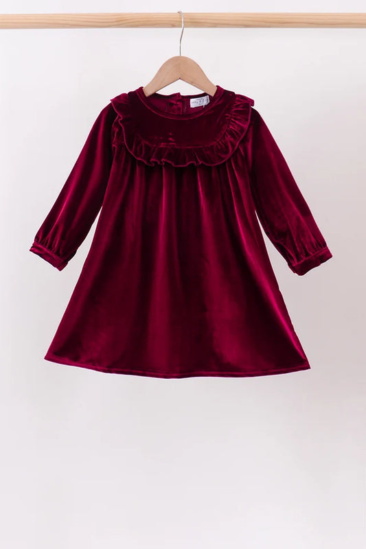 Girls Maroon Velvet Ruffle Dress