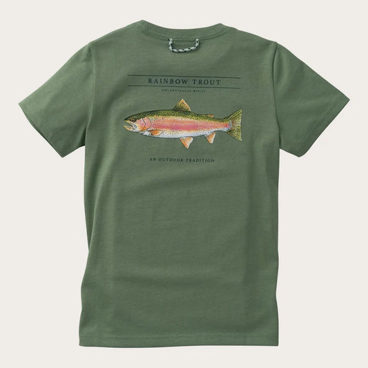 Prodoh Boys' Short Sleeve Cotton T-shirt in Hedge Green with Rainbow Trout Fish