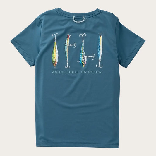 Prodoh Boys' Pro Performance Short Sleeve T-shirt in Tapestry Blue with Fishing Lures