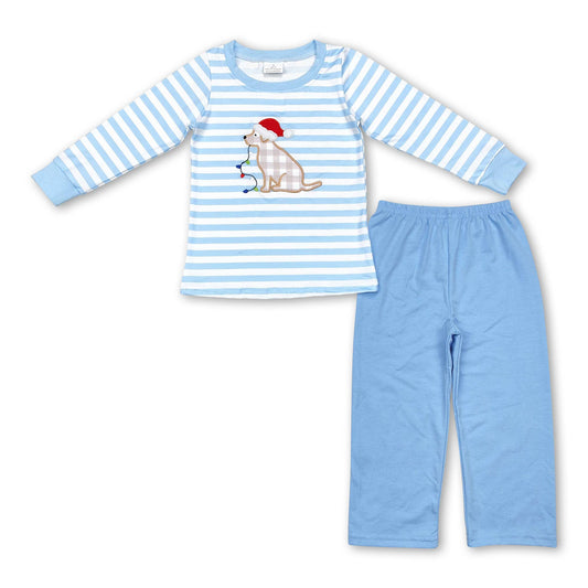 Boys Light Blue Stripe Dog Christmas Lights Set