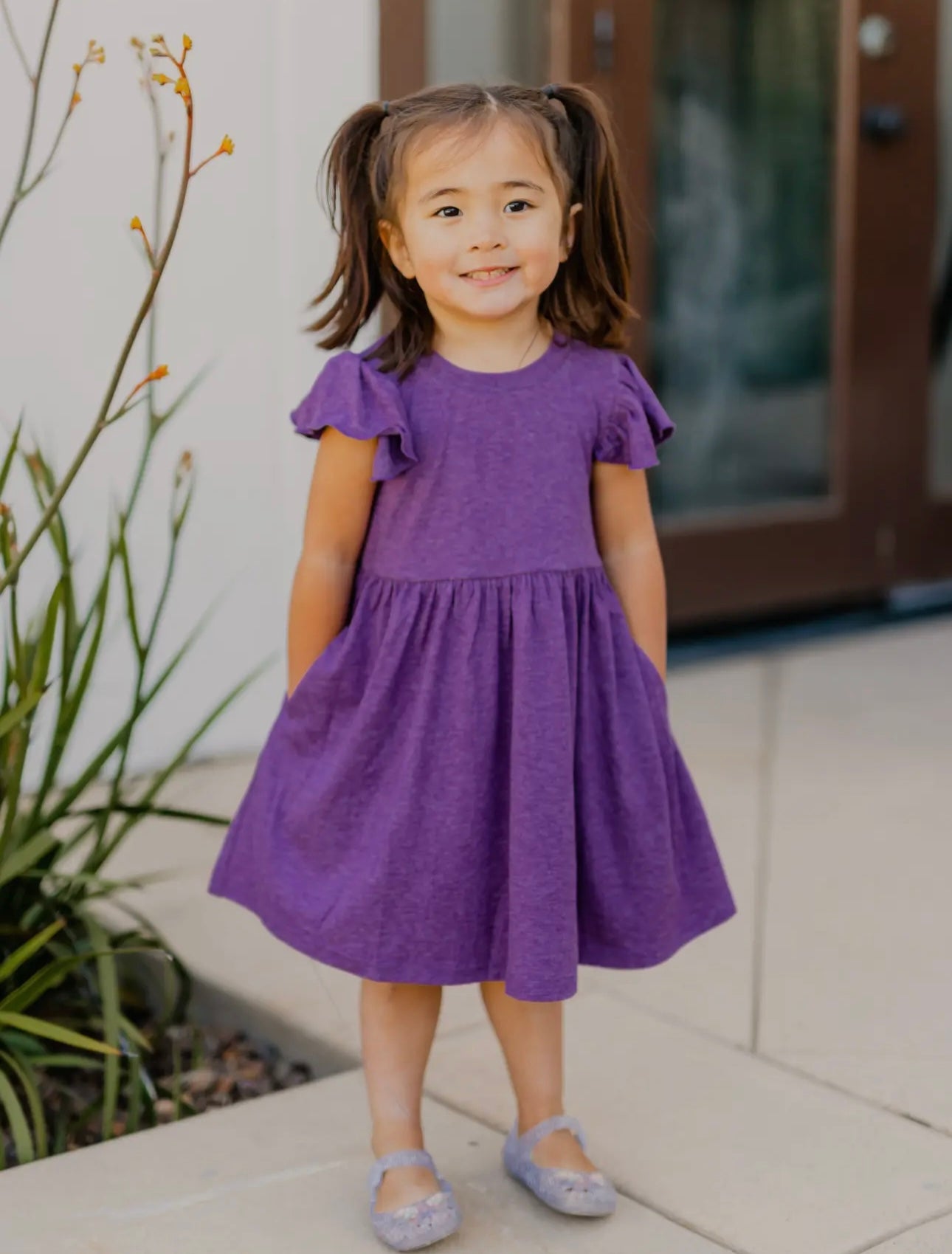 Purple Flutter Sleeve Dress (Pockets)