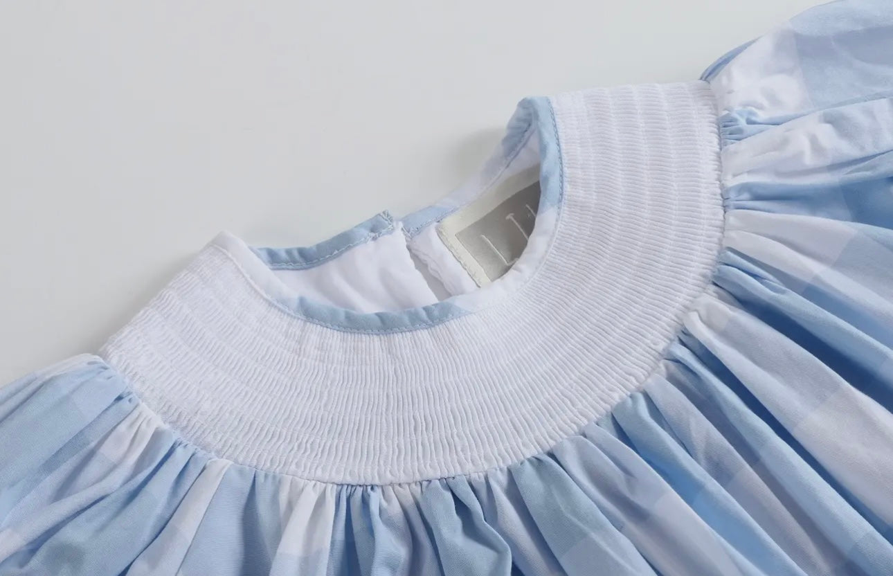 Lil Cactus Blue & White Smocked Bishop Dress