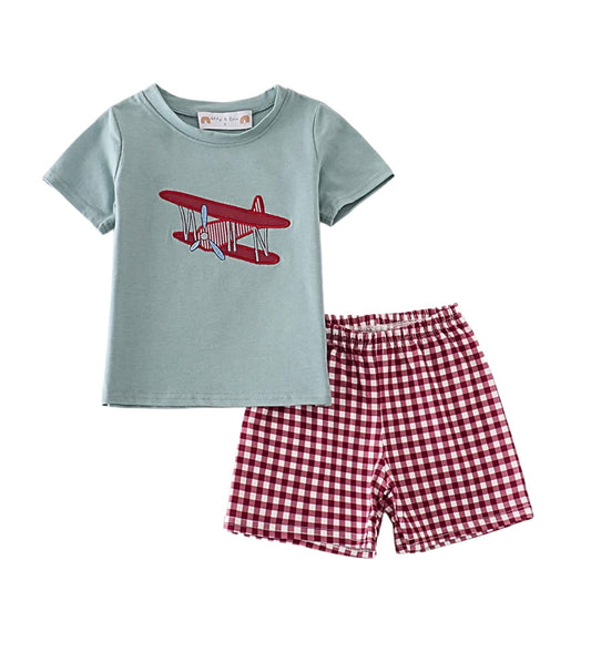 Sage Airplane Appliqué Shorts Set