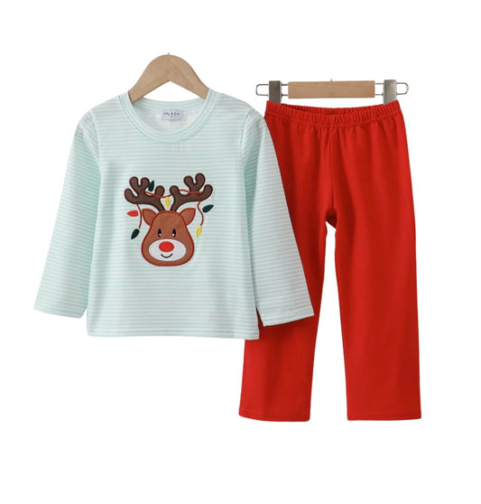 Teal Reindeer Appliqué Pant Set