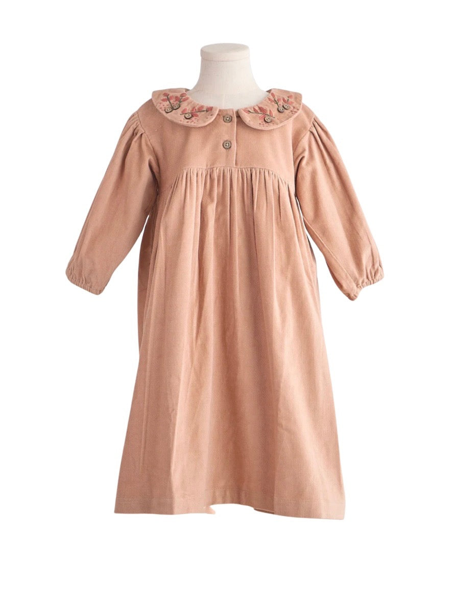 Beige Floral Collar Velveteen Dress