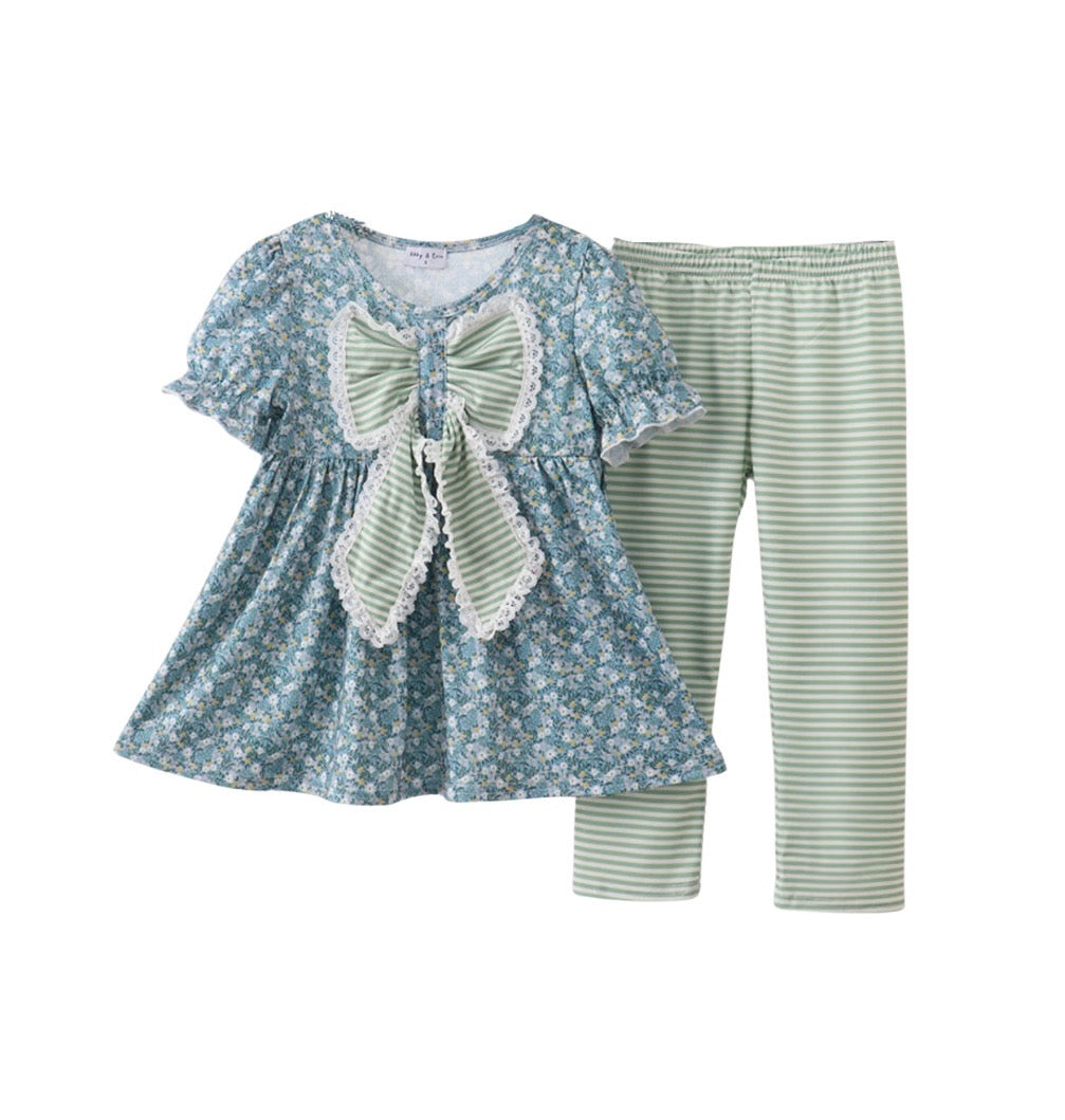 Teal Floral Lace Bow Pants Set