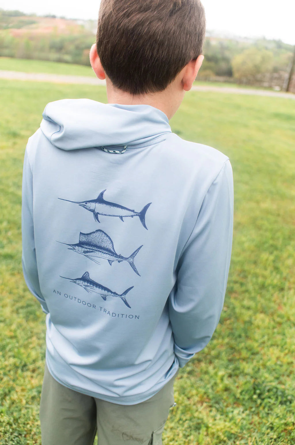 Performance Hoodie Tee - Blue with Swordfish, Sailfish, Marlin