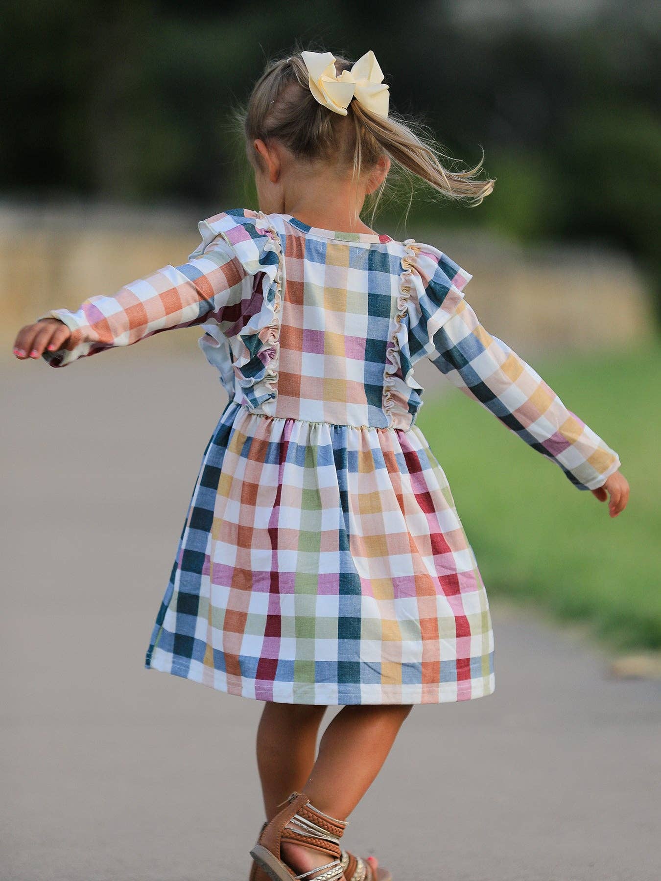 Girls' Thanksgiving Plaid Long Sleeve Dress
