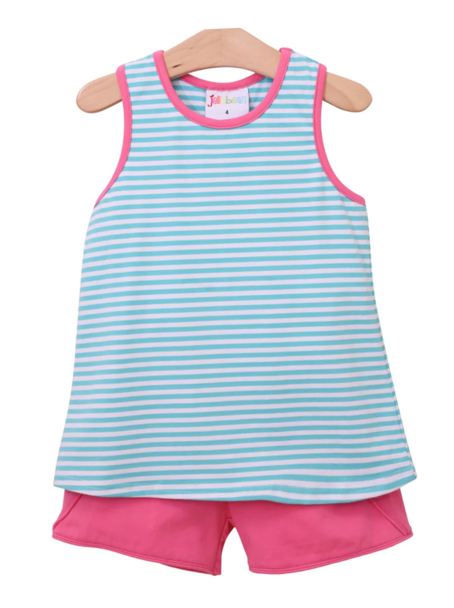 Aqua & Hot Pink Bow Back Shorts Set