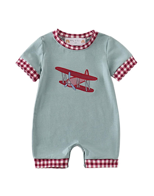 Sage Airplane Appliqué Romper