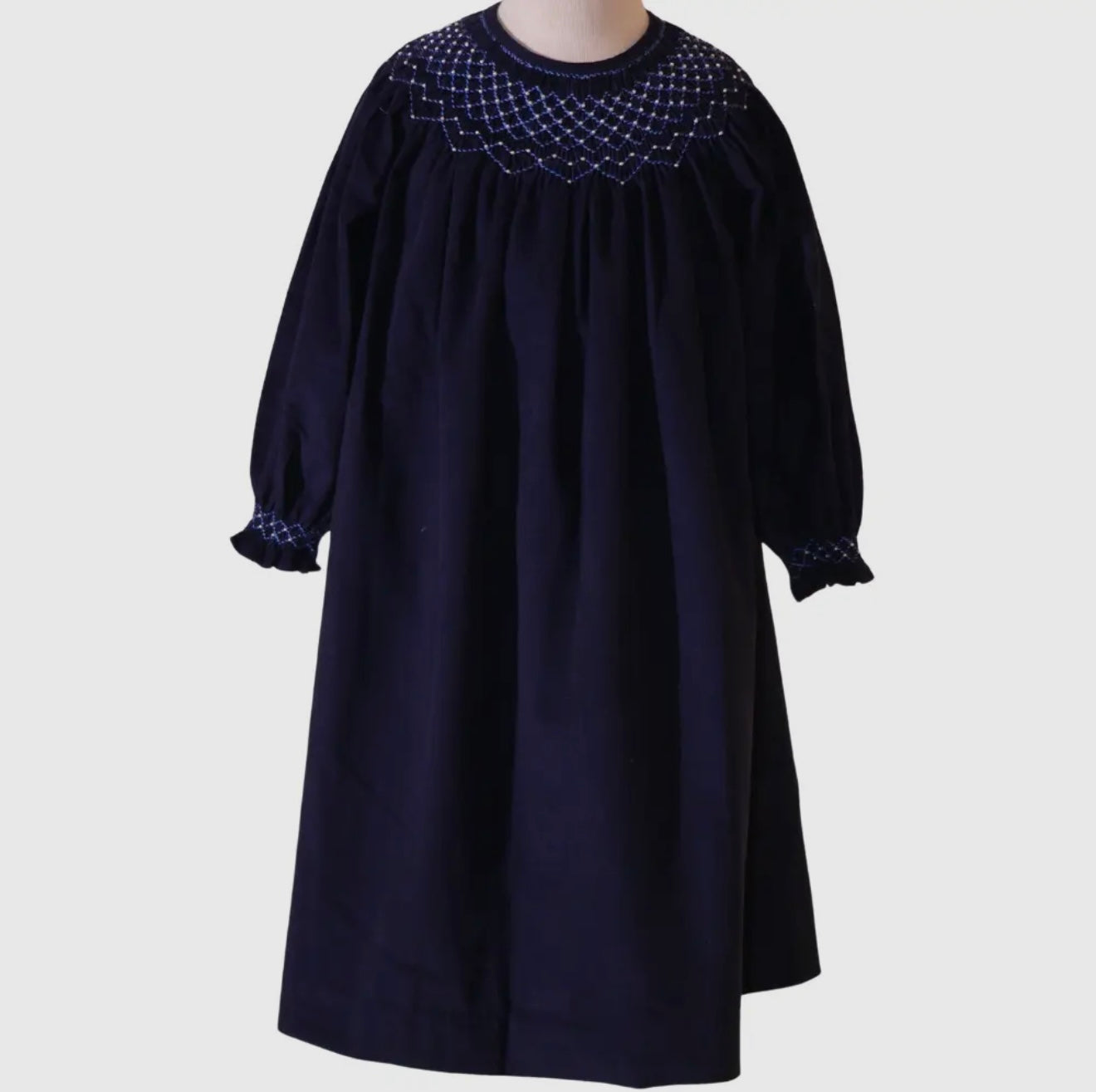 Corduroy Pearl Smocked Bishop Dress - Navy