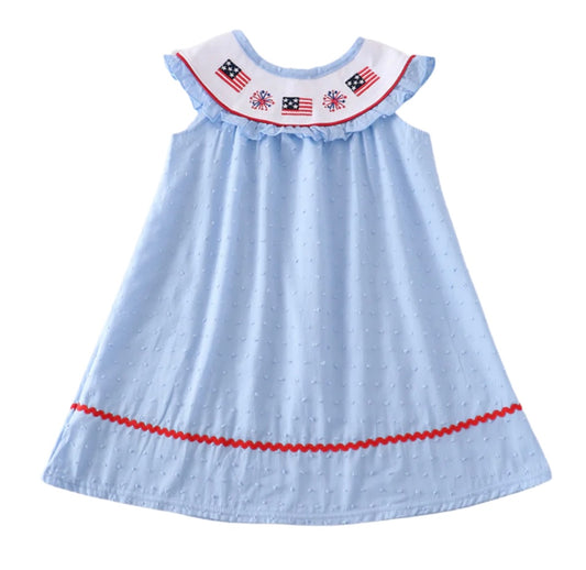 Blue Swiss Dot Patriotic Embroidered Dress