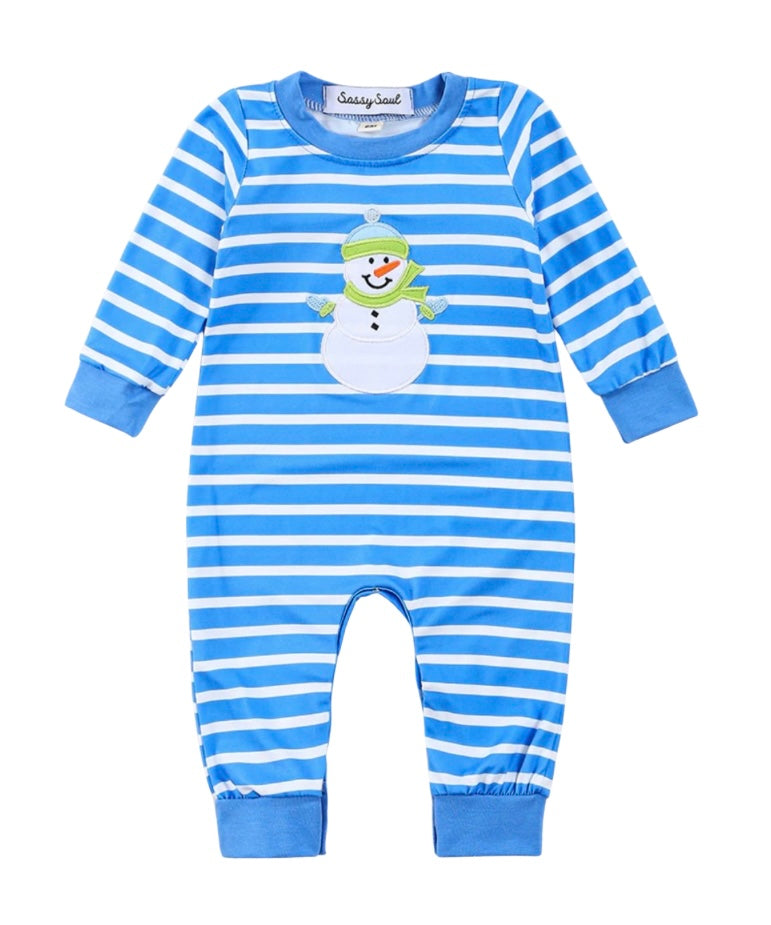 Blue Striped Snowman Appliqué Romper