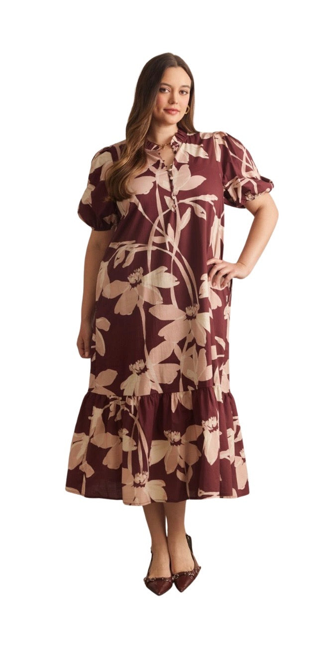 Wine Floral Midi Dress