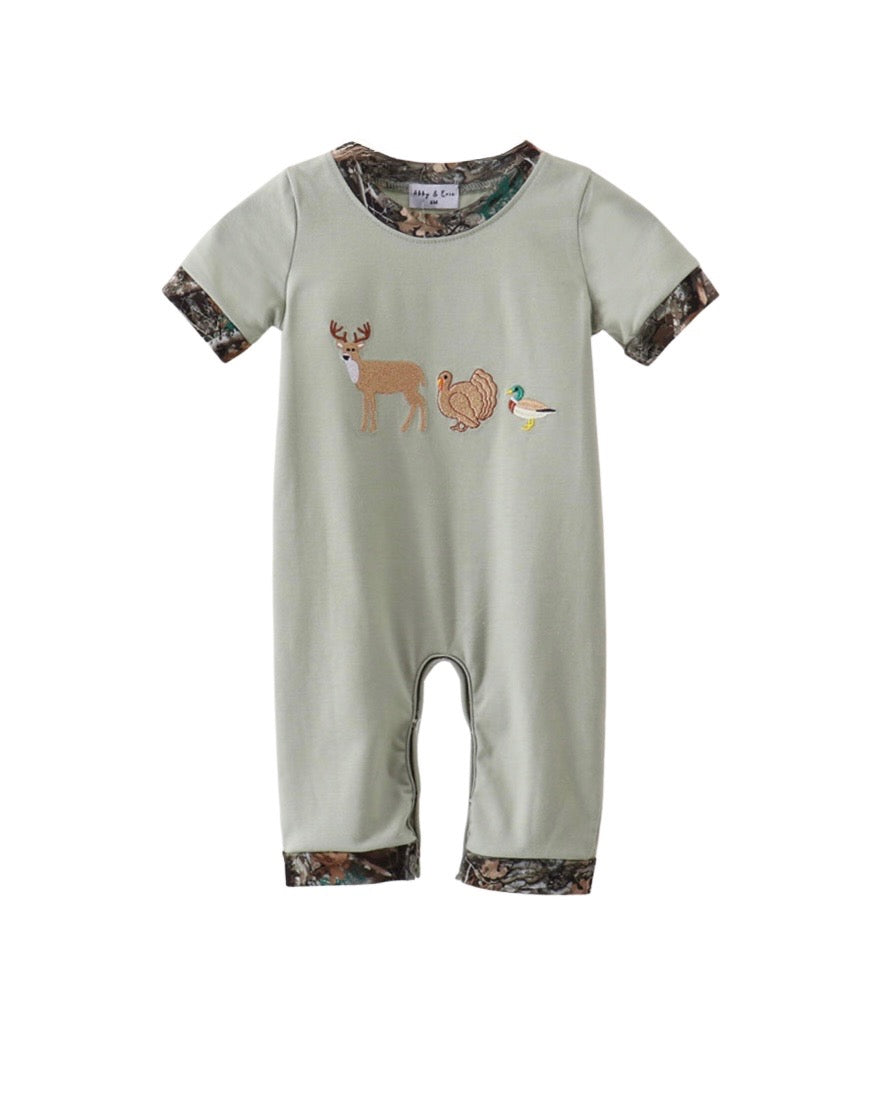 Sage Hunting Embroidered Romper