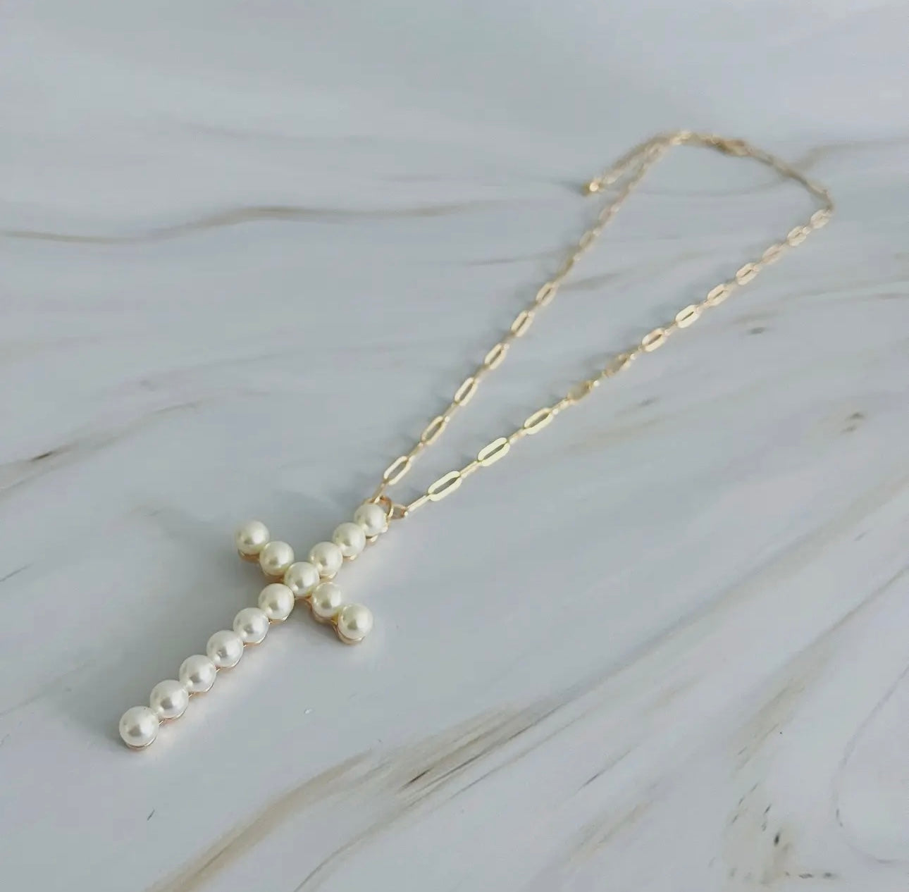 Long Gold Chain Pearl Cross Necklace