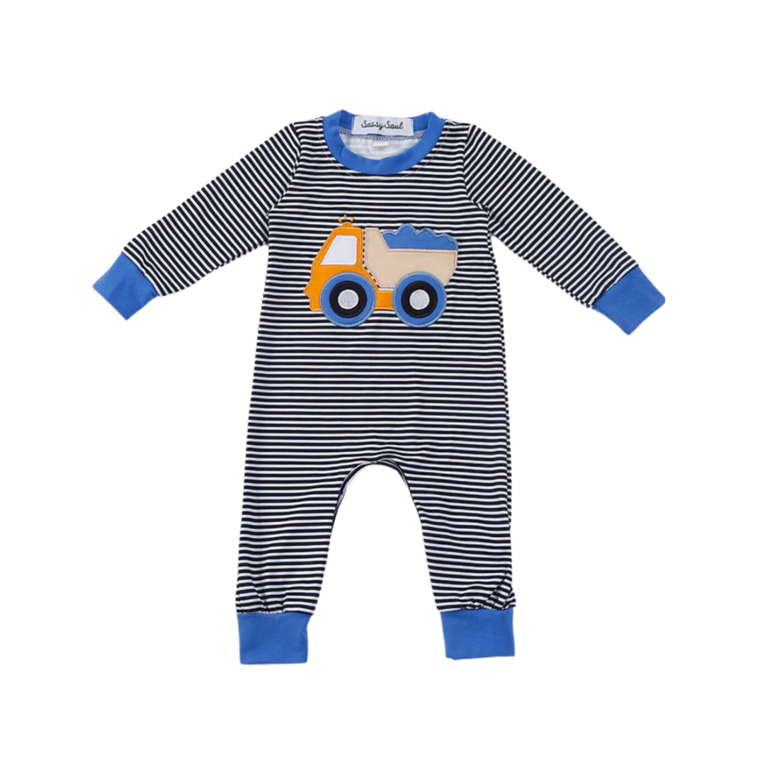 Striped Dump Truck Appliqué Long Sleeve Romper